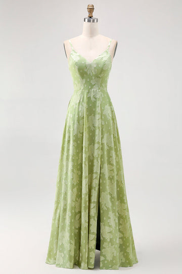 Sage Green Floral A Line Long Bridesmaid Dress with Slit